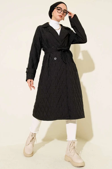 Kuşaklı Kapitone Kap Siyah - Resim 2