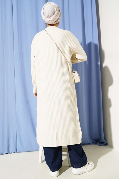 Salaş Fitilli Uzun Hırka Bej - Resim 3