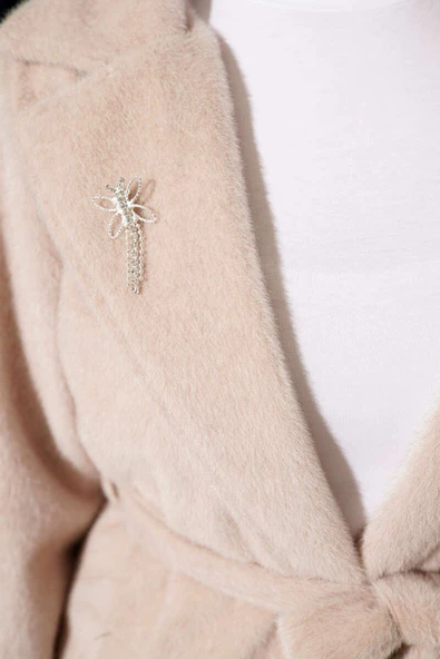 Kuşaklı Bronş Detaylı Kaşe Kaban Bej - Resim 4