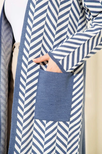 Zikzak Çizgili Desenli Uzun Triko Hırka İndigo - Resim 4