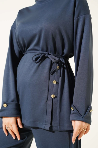 Önden Düğme Detaylı İp Bağcıklı İkili Takım Füme - Resim 4