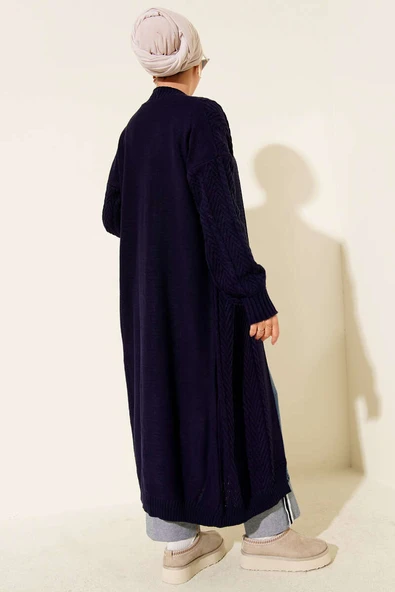 Örgü Büzgülü Uzun Triko Hırka Lacivert - Resim 3