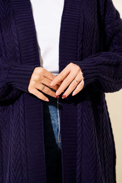 Örgü Büzgülü Uzun Triko Hırka Lacivert - Resim 4