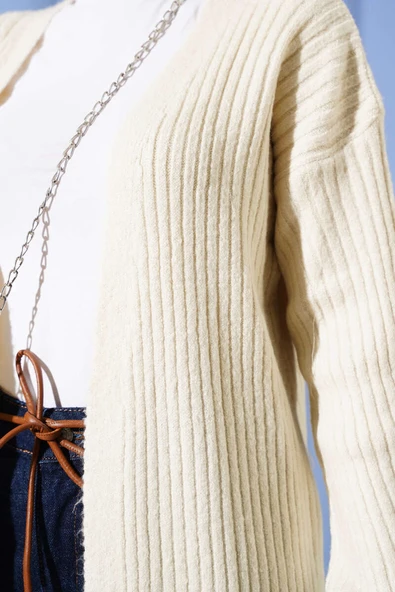 Salaş Fitilli Uzun Hırka Bej - Resim 4