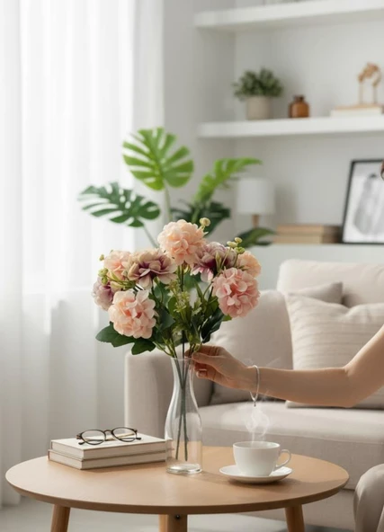 Yapay Çiçek Kartopu Krizantem Pudra Pembe 5Dallı 10toplu Demet 30cm - Resim 7