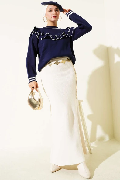 Önü Fırfırlı Triko Kazak Lacivert - Resim 2