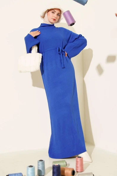 Salaş Kuşaklı Triko Elbise Saks ürün görseli 1