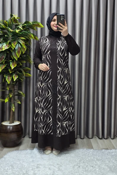 Kadın Tesettür Giyim Büyük Beden Çakma Yelek Elbise - Resim 7