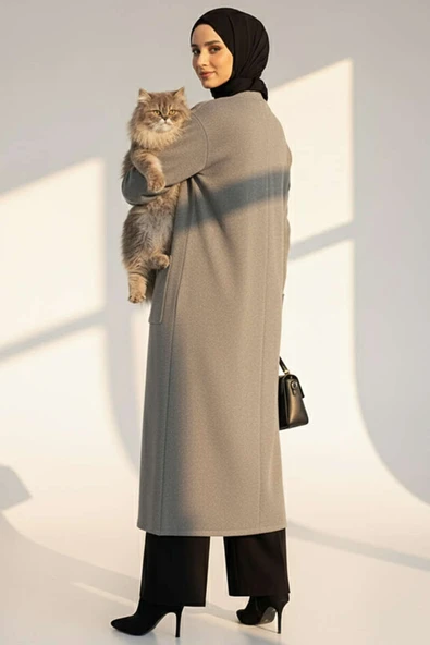 Basic Çift Cepli Uzun Triko Hırka Gri - Resim 3