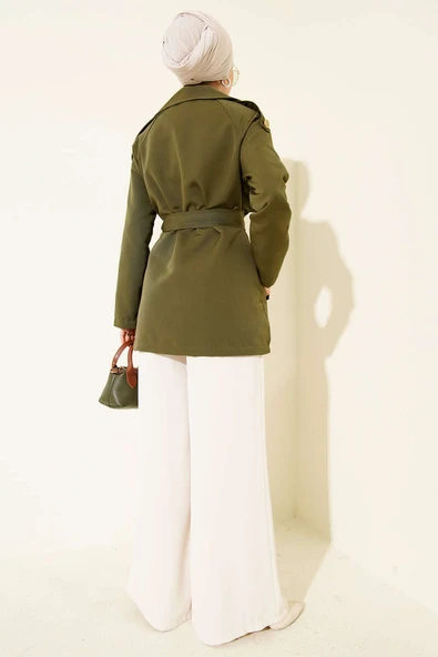 Tek Omuz Apoletli Düğmeli Trençkot Haki - Resim 3