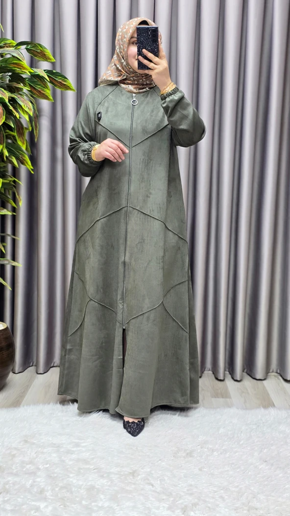 Kadın Giyim Büyük Beden Tam Boy Baklava Desenli Uzun Süet Pardesü - Resim 9