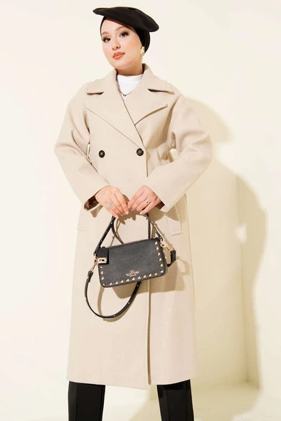 Şal Yaka Uzun Kaşe Kaban Bej - Resim 2