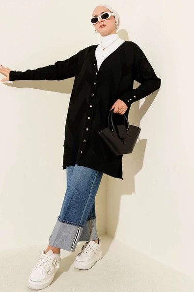 Zigzag Desenli Düğmeli Merserize Hırka Siyah - Resim 2