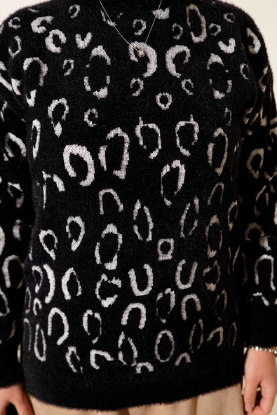 Leopar Desenli Sakallı Kazak Siyah Beyaz - Resim 4