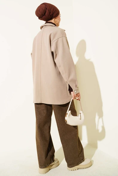 Çıtçıt Düğmeli Gömlek Yaka Kaşe Ceket Bej - 3