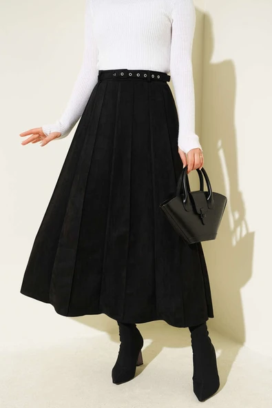 İnce Kemerli Süet Etek Siyah ürün görseli 1