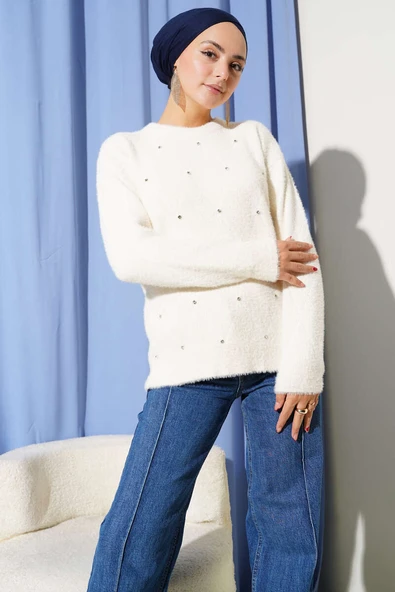 Serpme Taşlı Çizgili Sakallı Kazak Ekru - Resim 2