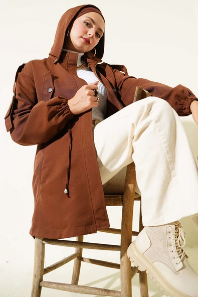 Bel Tünelli Kapüşonlu Trençkot Kahve ürün görseli 1