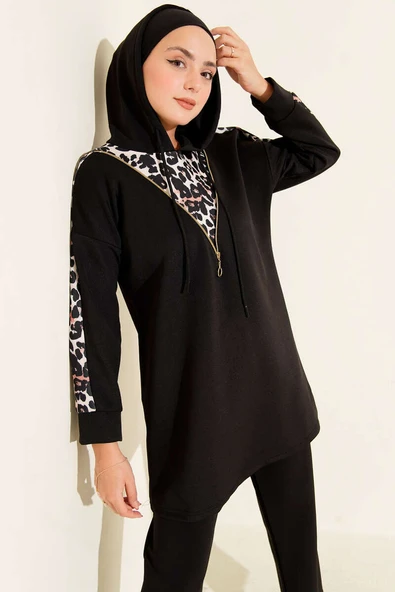 Leopar Garnili Kapşonlu İkili Takım Siyah - Resim 2