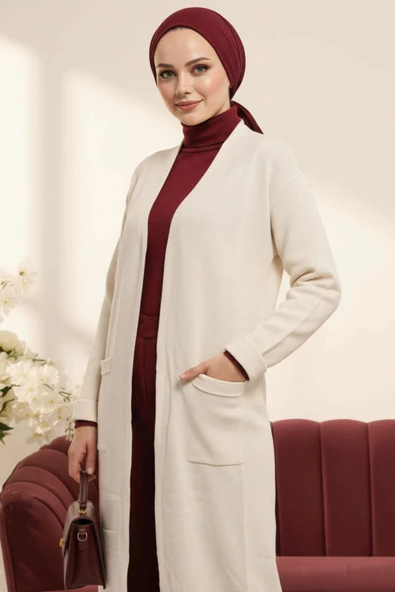 Basic Çift Cepli Uzun Triko Hırka Ekru ürün görseli 1