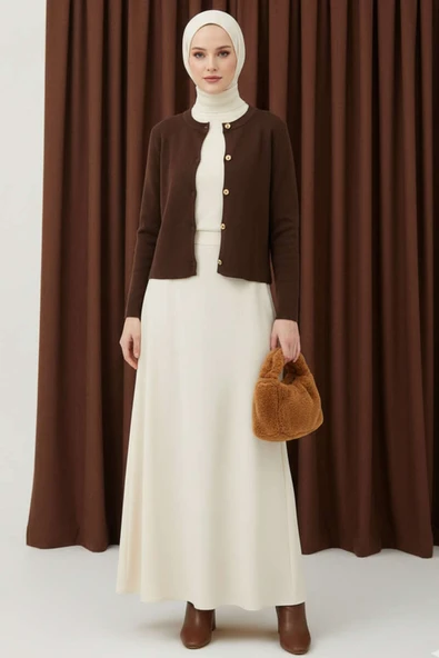 Gold Düğme Detaylı Kısa Triko Hırka Kahve - Resim 2