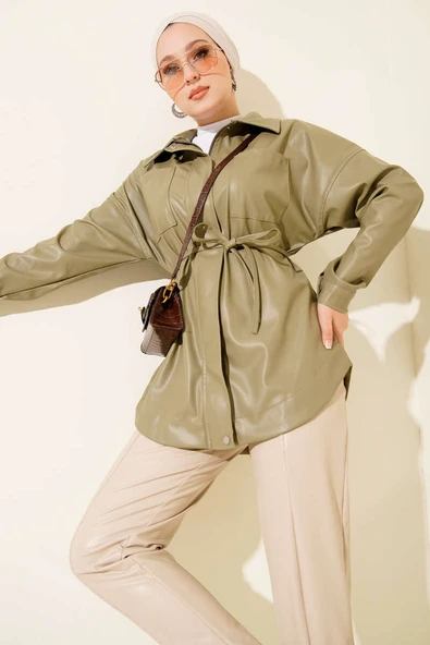 Gömlek Yaka İp Kuşaklı Deri Ceket Haki