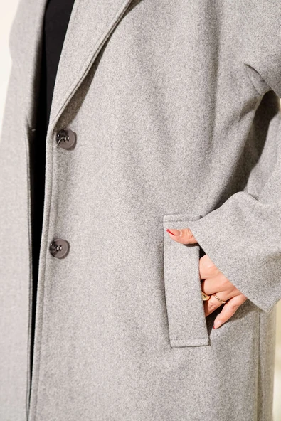 Kruvaze Yaka İki Düğmeli Detaylı Kaşe Kaban Gri - Resim 4