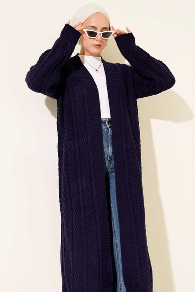 Örgü Büzgülü Uzun Triko Hırka Lacivert - Resim 2