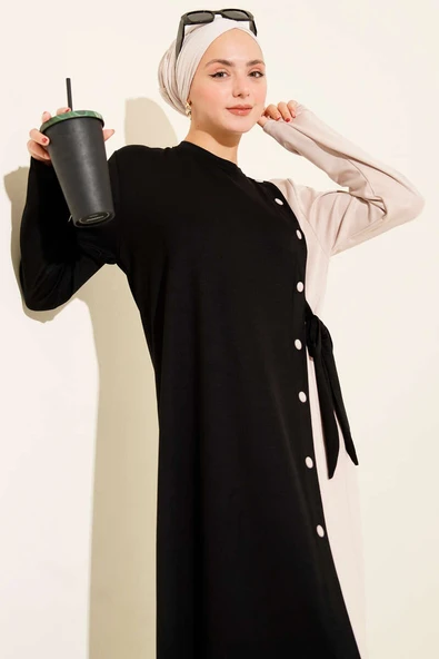 Düğmeli Yandan Bağlamalı Bisiklet Yaka Elbise Siyah - 2