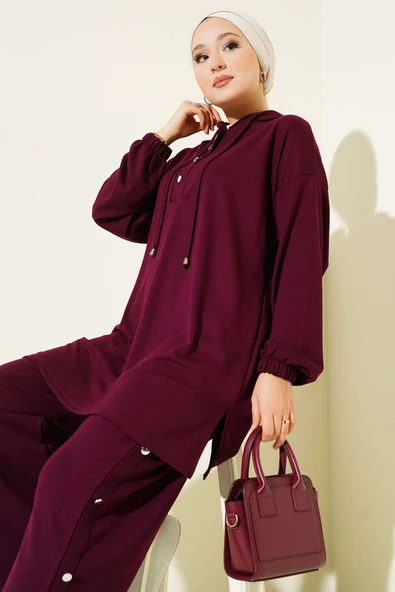 Yanları Metal Düğmeli Kapşonlu İkili Takım Mürdüm - Resim 2