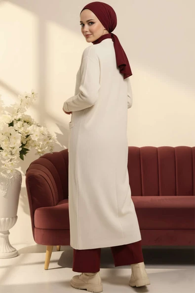 Basic Çift Cepli Uzun Triko Hırka Ekru - Resim 3