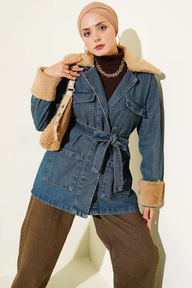 Kürklü Kuşak Detaylı Kot Ceket Mavi ürün görseli 1