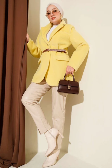 Tek Düğmeli Kemerli Sakallı Ceket Sarı - Resim 2
