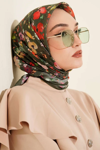 Mini Çiçek Detaylı Soft Eşarp Zümrüt ürün görseli 1