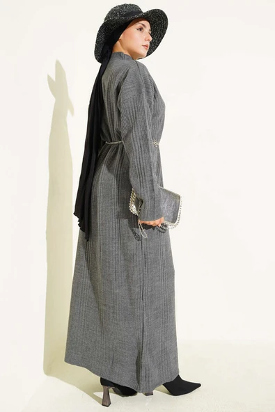 Dik Yaka Fitilli Triko Elbise Füme - Resim 3