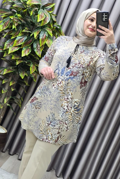 Kadın Tesettür Giyim Büyük Beden Palmiye Desen Tunik - Resim 2