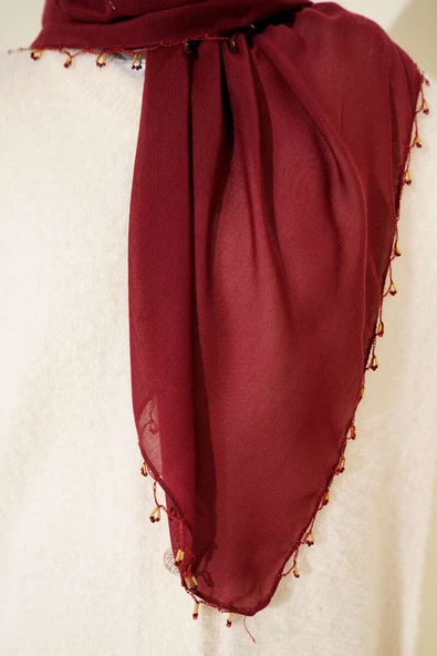 Mini Boncuk Detaylı Eşarp Bordo - Resim 4