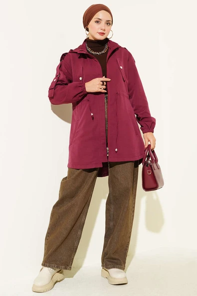 Bel Tünelli Kapüşonlu Trençkot Bordo - Resim 2