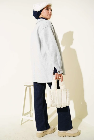 Çıtçıt Düğmeli Gömlek Yaka Kaşe Ceket Açık Gri - 3