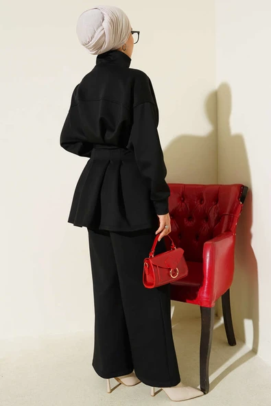 Uzun Pensli Kemerli İkili Takım Siyah - Resim 3