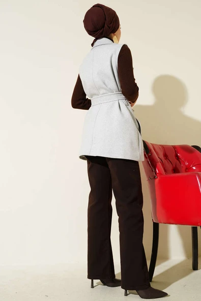 Sıfır Kol Kuşaklı Kaşe Yelek Gri - 3