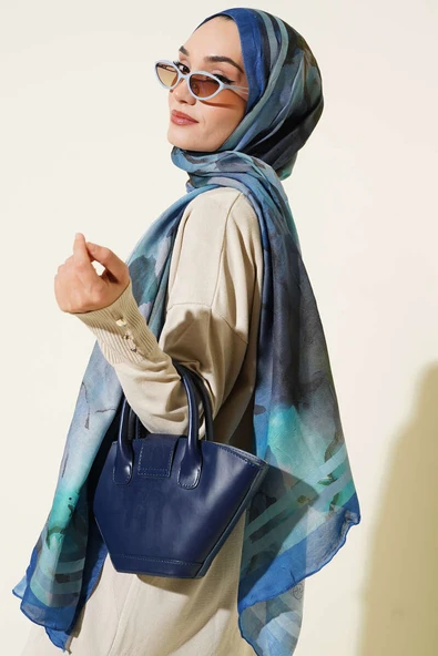 Amber Serisi Şerit Geçişli Şal Mavi - Resim 3