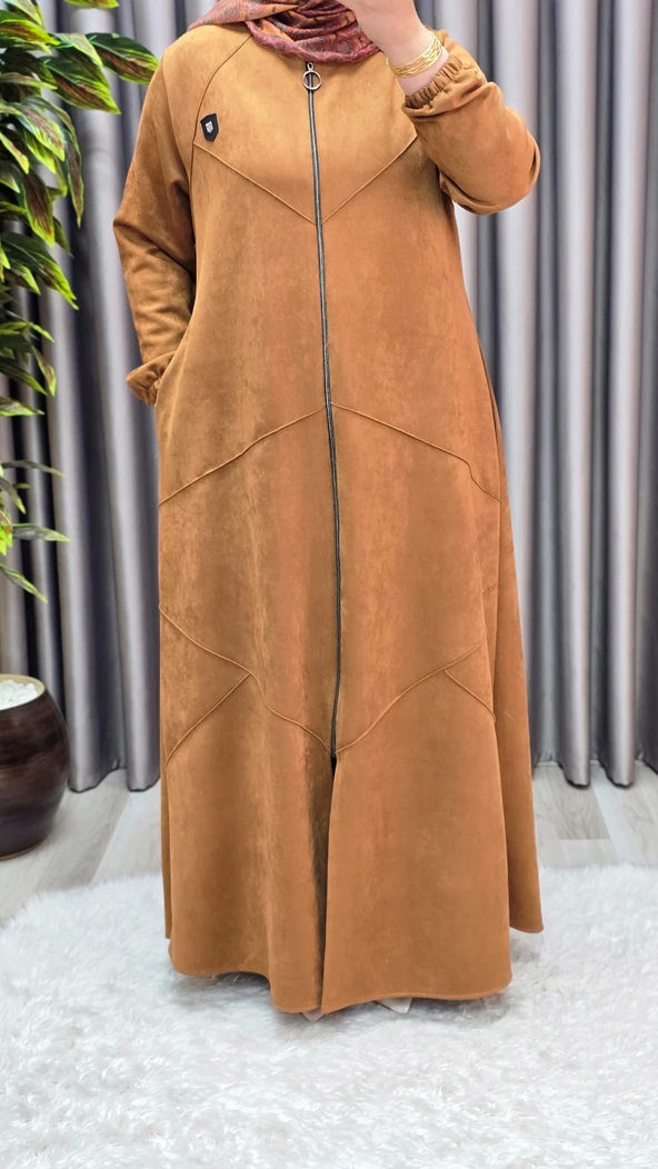 Kadın Giyim Büyük Beden Tam Boy Baklava Desenli Uzun Süet Pardesü - Resim 3