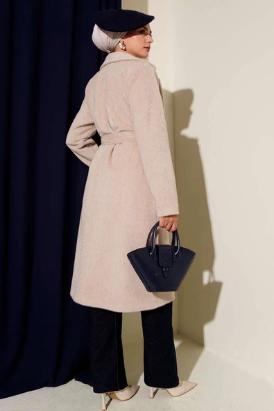 Kuşaklı Bronş Detaylı Kaşe Kaban Bej - Resim 3