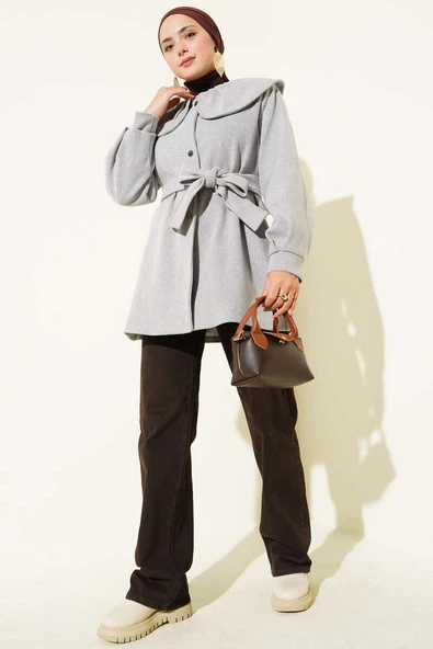 Bebe Yaka Detaylı Kaşe Kaban Gri - Resim 2