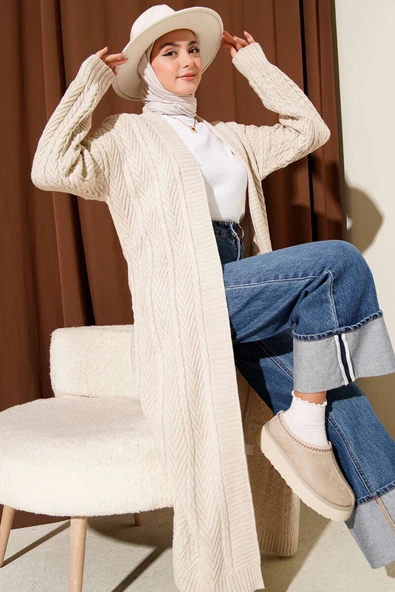 Örgü Büzgülü Uzun Triko Hırka Taş ürün görseli 1