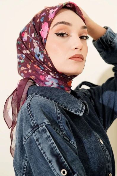 Mini Çiçek Detaylı Soft Eşarp Mürdüm - Resim 2