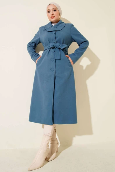 Yaka Düğmeli Kuşaklı Kaşe Kaban Mavi - Resim 2