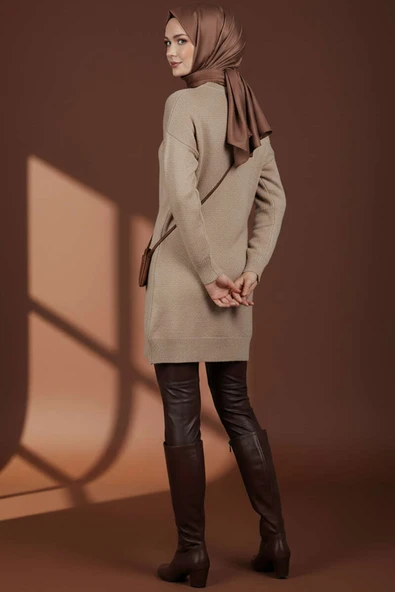 Kare Kabartmalı Yumoş Triko Tunik Latte - Resim 2