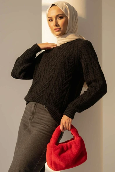 Örgü Kabartmalı Triko Kazak Siyah ürün görseli